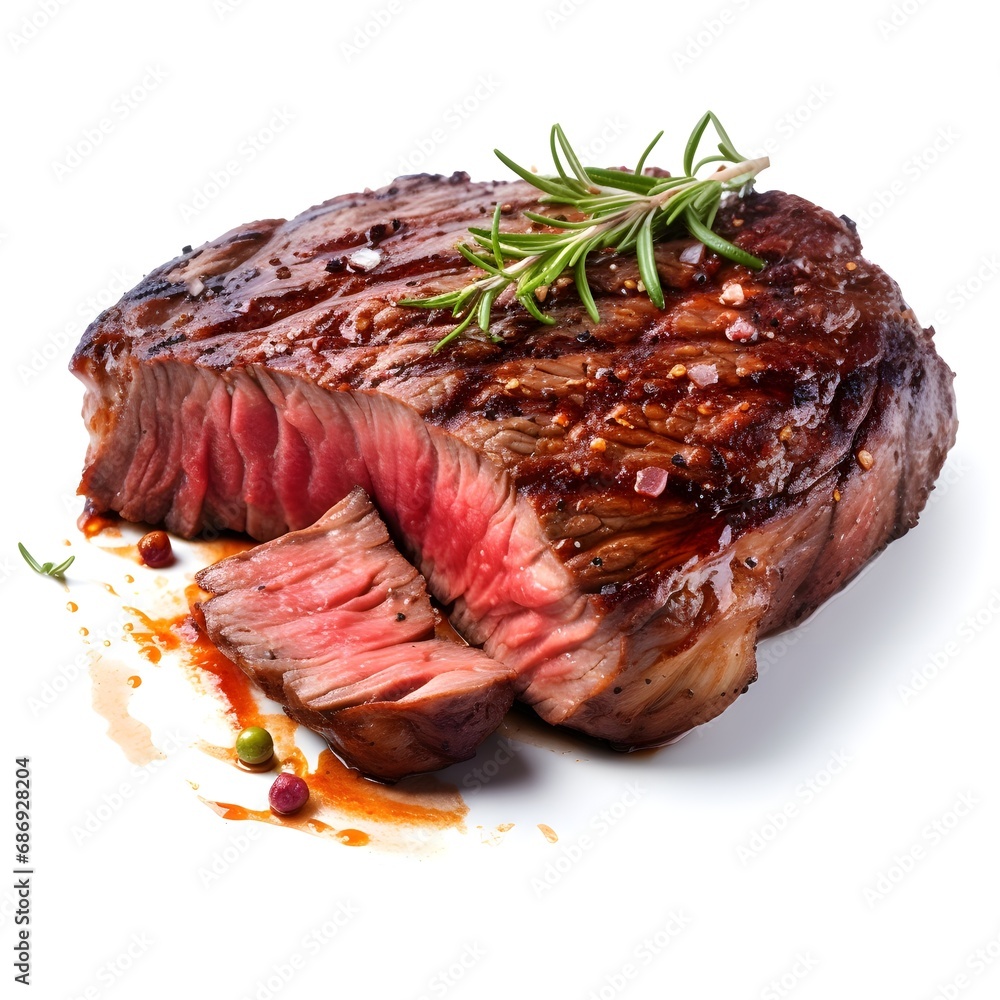 Culinary Perfection: Well-Served Medium-Rare Steak on a White Background Culinary Perfection: Well-Served Medium-Rare Steak on a White Background