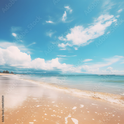 The beach is beautiful and clean. with waves and blue sky with clouds.