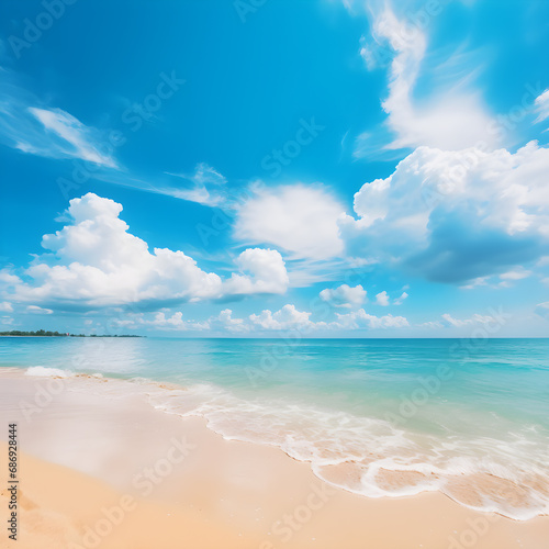 The beach is beautiful and clean. with waves and blue sky with clouds.