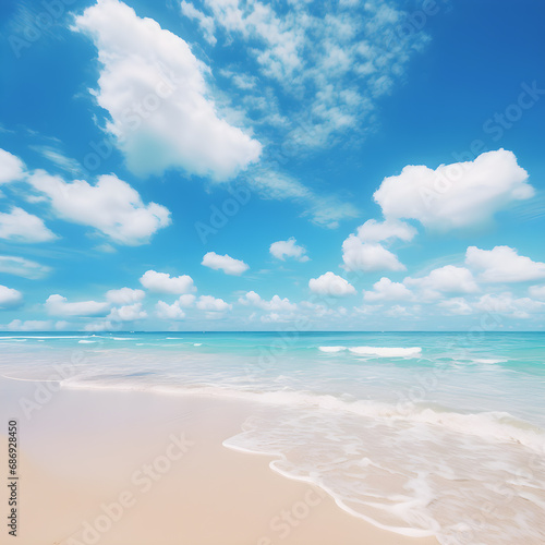The beach is beautiful and clean. with waves and blue sky with clouds.