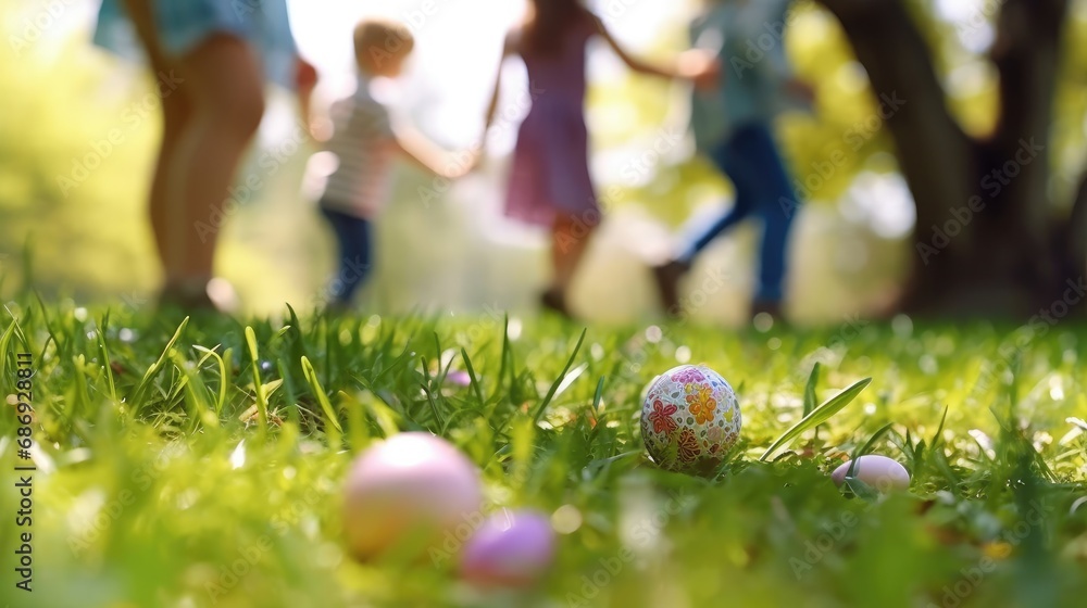 Fototapeta premium Easter egg hunt in sunny park with children playing. Colorful decorated eggs on vibrant green grass, low angle view.