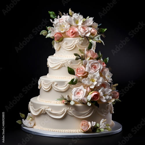 Beautiful wedding cake with flowers and a black background 