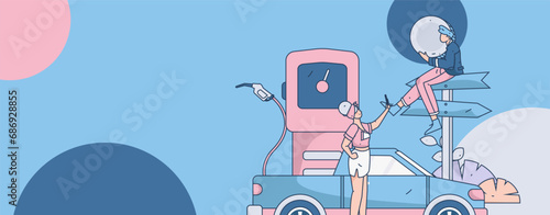 Vector internet operation hand-drawn illustration of people getting discounts for refueling the car
