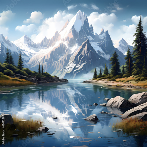 a serene mountain lake with a reflection of the surrounding peaks.