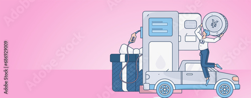 Vector internet operation hand-drawn illustration of people getting discounts for refueling the car
