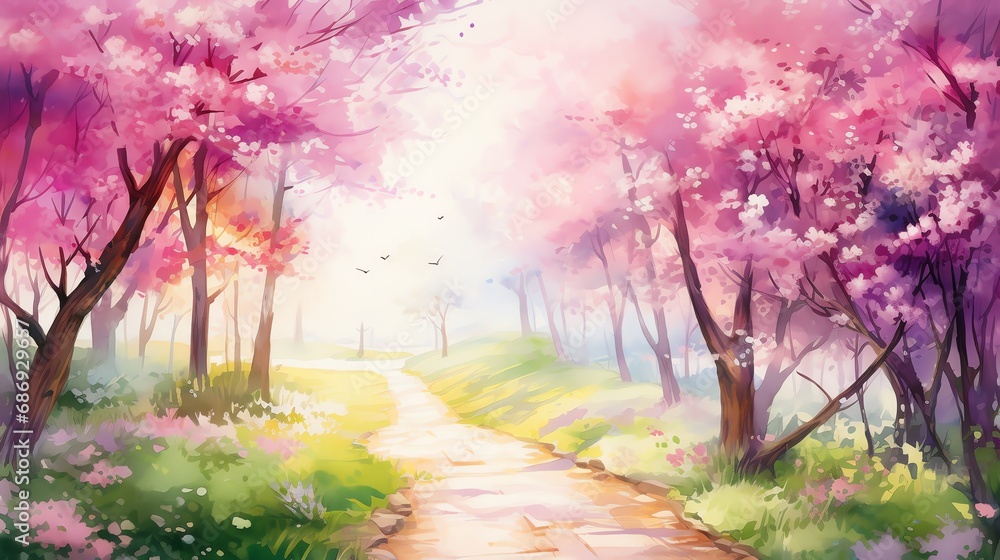 watercolor illustration of a magical spring garden surrounded by delicate blossoms in various colors