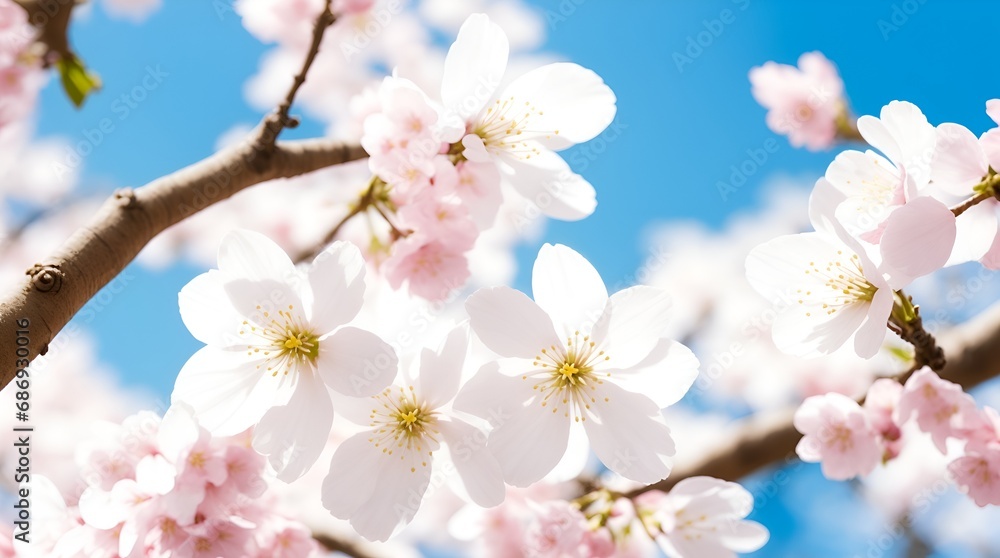 Pink cherry tree blossom flowers blooming in spring, easter time against a natural sunny blurred garden banner background of blue, yellow and white bokeh.