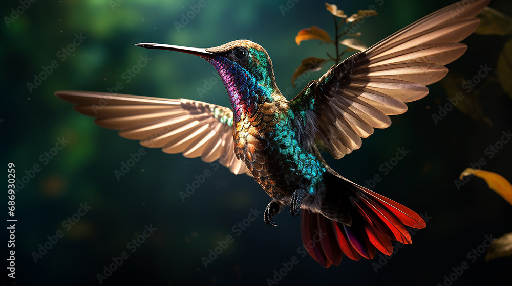 Fototapeta premium Flight of Elegance: Close-Up Hummingbird in Highly Detailed High-Speed Photography - Generative AI