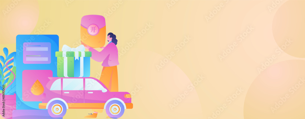 Fototapeta premium Vector internet operation hand-drawn illustration of people getting discounts for refueling the car 