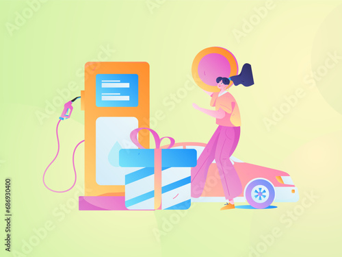 Vector internet operation hand-drawn illustration of people getting discounts for refueling the car
