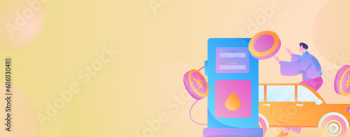 Vector internet operation hand-drawn illustration of people getting discounts for refueling the car
