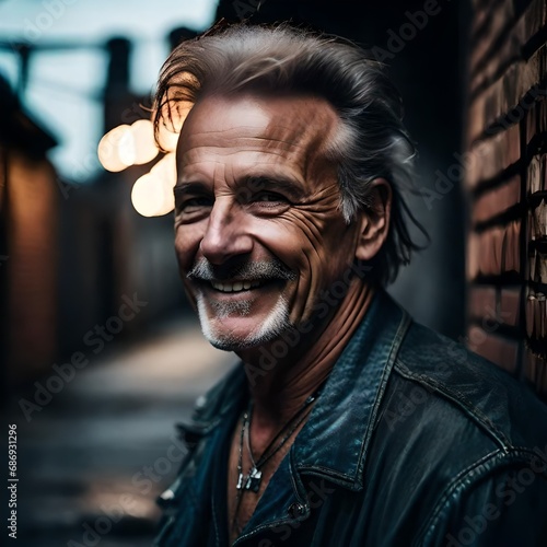 a happy handsome senior man punk rock, punk rocker smiling in an alley