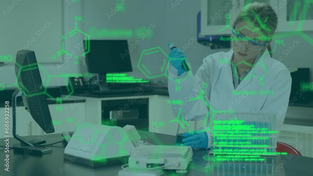 Animation of data processing with chemical formula over caucasian female scientist working in lab Animation of data processing with chemical formula over caucasian female scientist working in lab