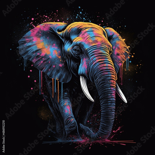 Artistic illustration of a bright colorful elephant in pop art style for t-shirt printing. © mualtry002