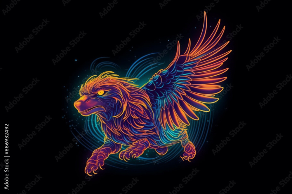 Illustration of a flying lion in neon colors for t-shirt printing.