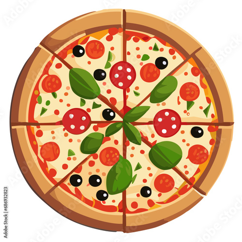 Flat style vector doodle illustration of a cheesy Italian pizza.