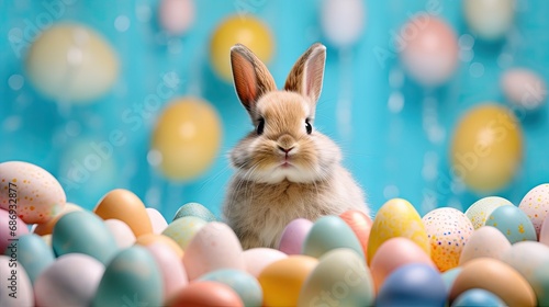 an adorable Easter rabbit surrounded by pastel-colored eggs against a soft blue backdrop, radiating the joy and magic of Easter celebrations, sunny