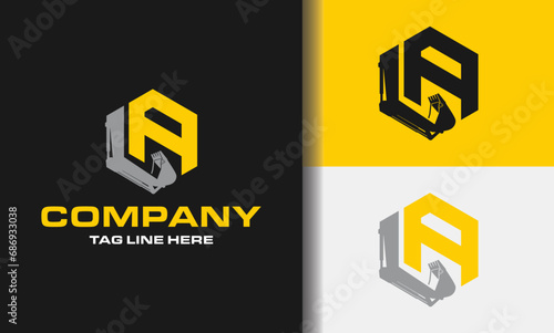 Letter LA excavator logo template vector. hexagon. Heavy equipment logo vector for construction company. Creative excavator illustration for logo template.