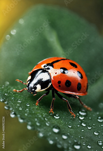 Macro shot where a ladybug delicately graces a vibrant leaf, beckoning us to explore the hidden marvels that surround us © Noctis