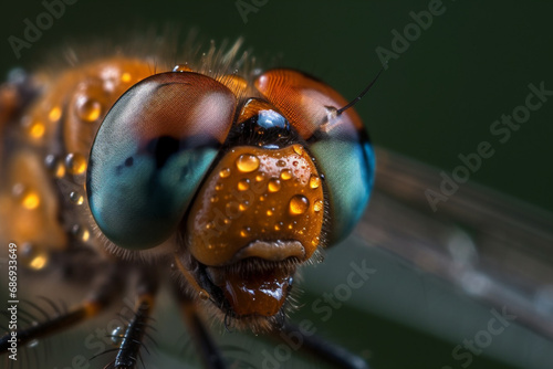 Macro shot of a dragonfly's head with dewdrops on its eyes