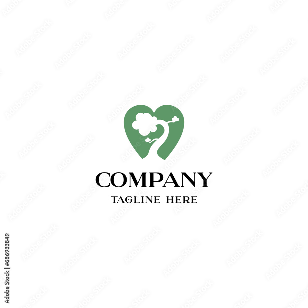 simple curved green bonsai tree environment in love shape for natural care logo design simple curved green bonsai tree environment in love shape for natural care logo design