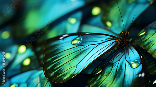 Beautiful butterfly with spread wings on a dark background, Cute little Animal in the Green Forest Generative Ai technology, Close up of beautiful blue butterfly rhombus shaped wings pollinating on 

 photo