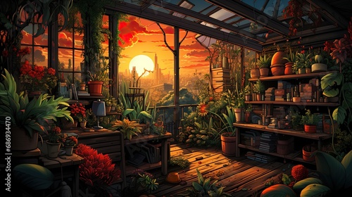 Urban gardening illustration in activities and bold, lively colors. photo
