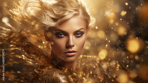 Glamorous woman with golden makeup and sparkling lights. Beauty and fashion.
