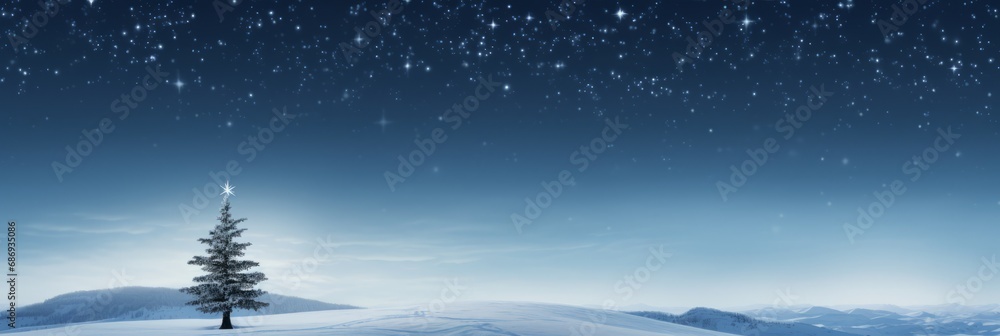 Naklejka premium A Solitary Pine Tree Cloaked in Winter's Purest Snow, Crowned with a Lone Star, Stands as a Minimalist Beacon of Serene Beauty in the Silent Night