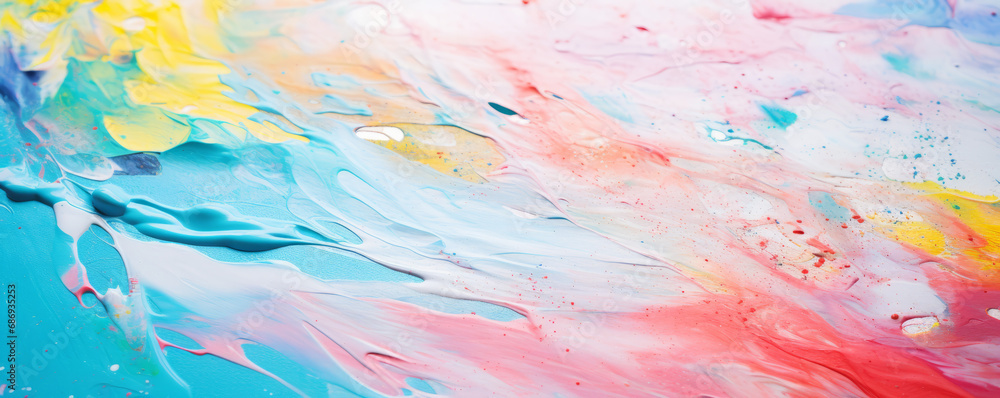 A colorful array of paint streaks, including blue, yellow, orange, pink, and red, embellishes the tabletop.