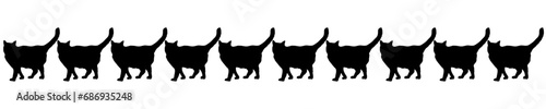 Ten black cats in line vector illustrations - silhouettes of the 10 cats isolated on white background-10匹の並んだ黒猫のベクター素材	 photo