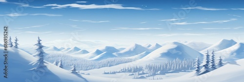 A Serene Tapestry of Simplified Snow-Blanketed Hills Gently Undulating Under a Pale Sky, Punctuated by the Subtle Glimmer of Distant Office Windows