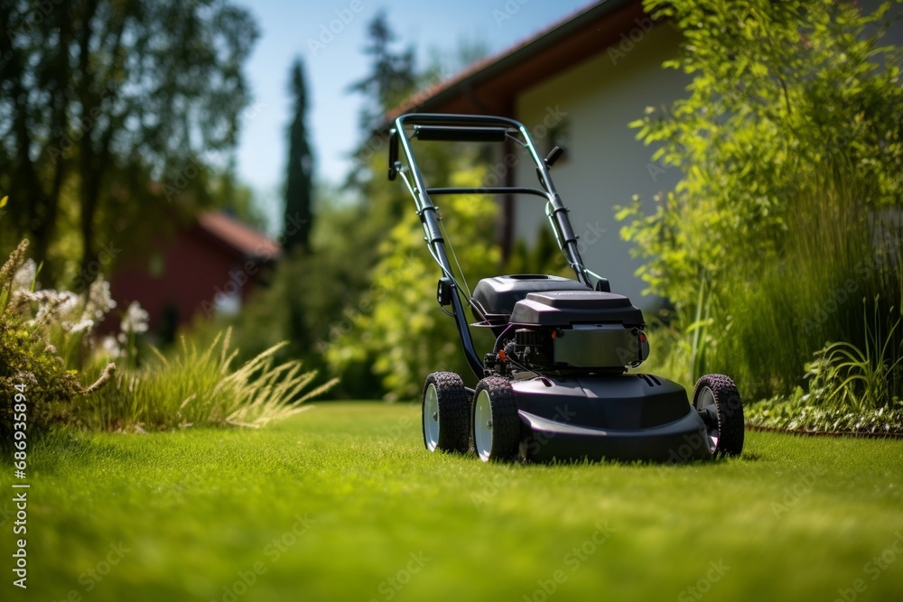 Lawn mover on green grass in modern garden, lawn cleaning, garden lawn machine, garden cleaning, garden lawn cleaning, lawn grass cleaning, lawn machine closeup Lawn mover on green grass in modern garden, lawn cleaning, garden lawn machine, garden cleaning, garden lawn cleaning, lawn grass cleaning, lawn machine closeup