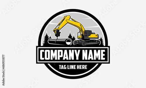 Excavator Vector Logo Template. pipe handing equipment. construction, vector illustration