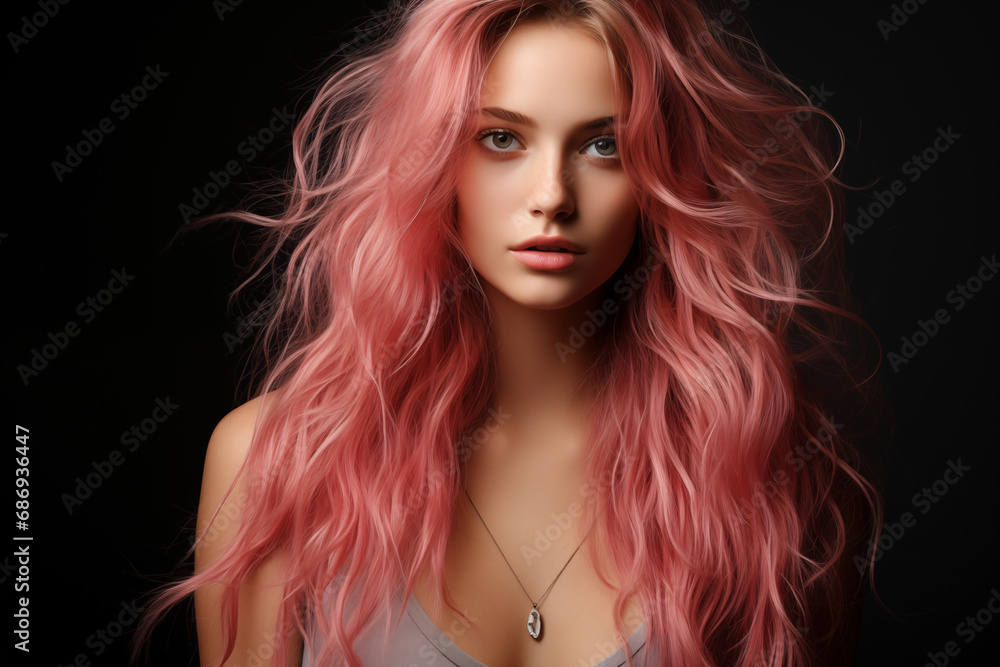 Influencer girl with pink hair on black background. Influencer girl with pink hair on black background.