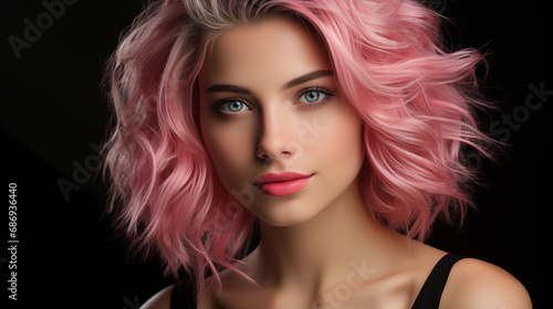 Influencer girl with pink hair on black background.