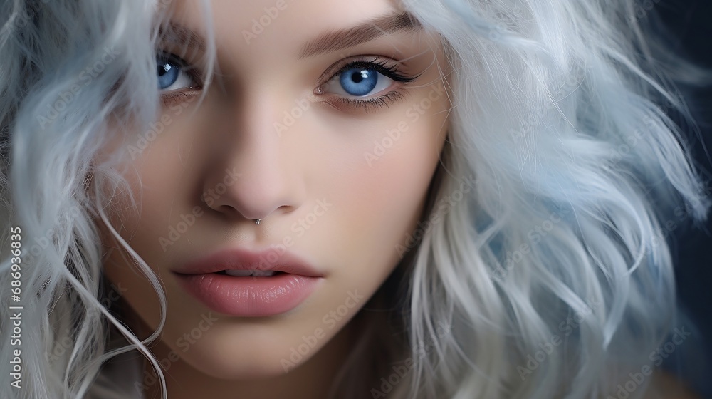 Close-up portrait of a beautiful young woman with blue eyes and white hair