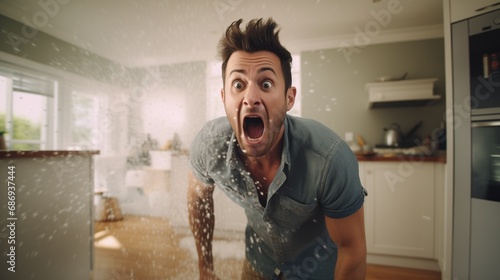 A man inside a home looks terrified as water sprays all around him, suggestive of a domestic flooding incident, which could be used to highlight home insurance services, waterproofing solutions