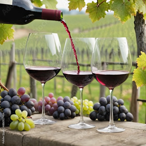 Concept background wine bottle and glass with grones of grapes on the background of fields photo