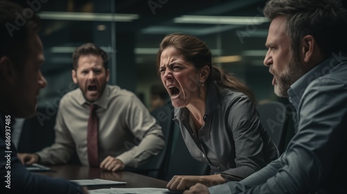 A businesswoman at a meeting is passionately expressing a point, mouth open wide, and colleagues reacting with intensity, for services in conflict resolution, team building, leadership training photo