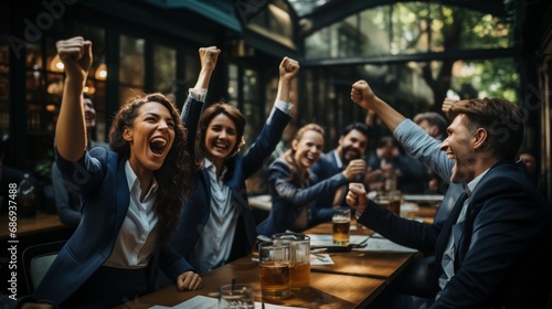 a group of professionals celebrating a success at a bar or pub, indicating a casual work event or after-hours celebration, raising their fists in a victorious gesture, team building, milestones photo
