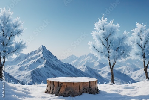 landscape winter in the mountains, wooden podium