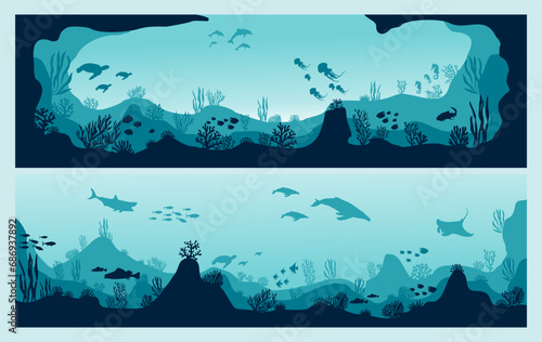 underwater silhouette background coral reef sea fish and marine algae cartoon scene