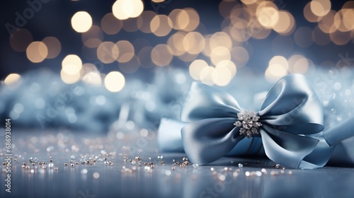 A luxurious gift with a silver ribbon and bow against a backdrop of soft-focused golden lights, perfect for holiday season advertising, gift-wrapping services promotions, or high-end product packaging photo