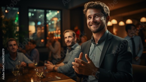 a man in a social setting, possibly a bar or a casual event, smiling confidently and clapping, his expression and posture indicate satisfaction and positive engagement. social events, business casual