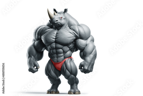  3D character of a rhino with the muscular build of a bodybuilder. AI Generated.