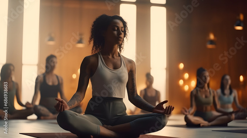 A group of young people doing yoga in a gym wearing stylish light gray and dark amber shirts.