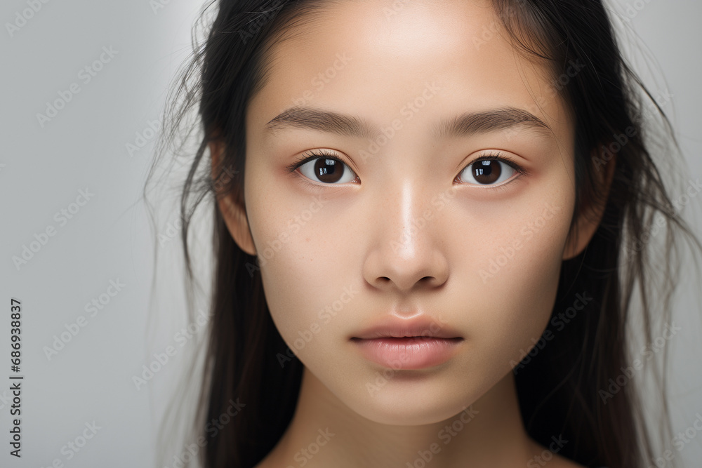 Portrait of a beautiful young Asian woman with perfect skin on gray background Portrait of a beautiful young Asian woman with perfect skin on gray background