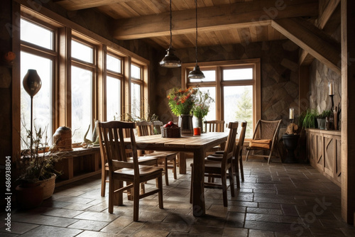 Rustic dining room with wooden table and chairs © mualtry002