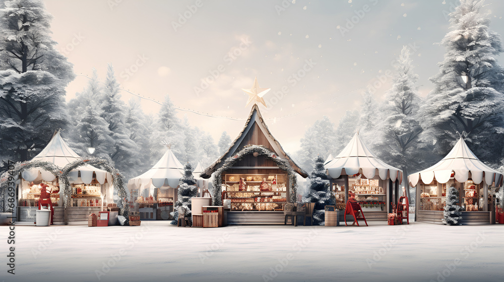 Snow Covered Village Square with Charming Cottages and Gazebo
